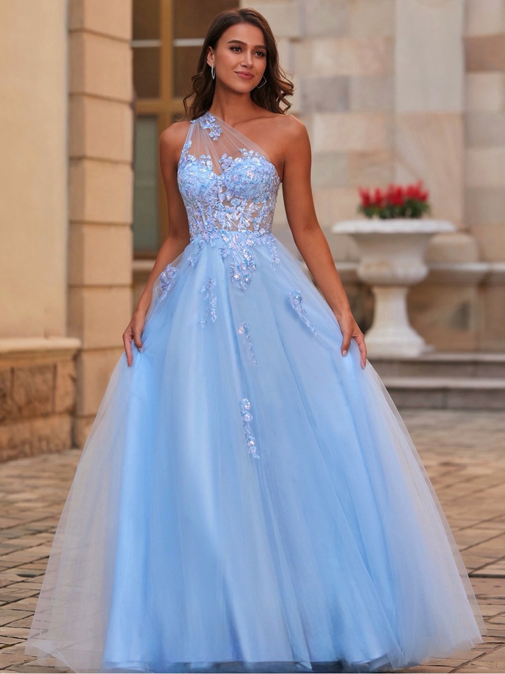 One-Shoulder Light Blue Tulle Prom Gown with Floral Appliqué